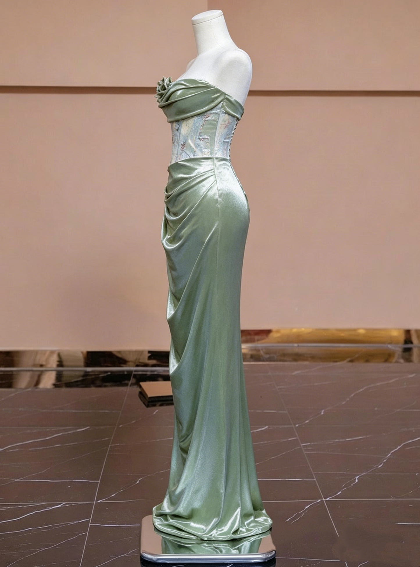 Elegant Sage Green Satin Strapless Mermaid Sequin 3D Floral Evening Gown DP8555