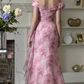 Elegant Pink Floral Chiffon A-Line Off-the-Shoulder Evening Gown DP8407