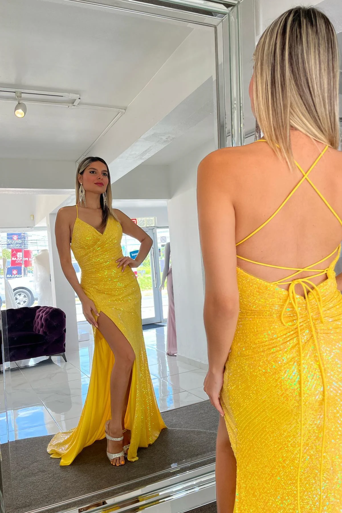 Yellow Surplice Lace-Up Mermaid Sequins Long Prom Dress with Slit,DP033