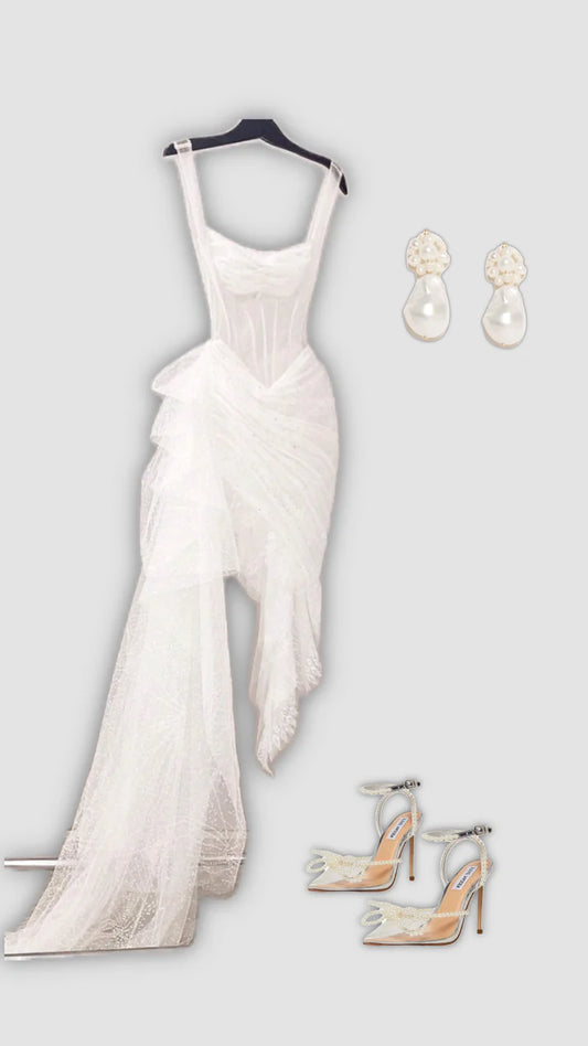 Vintage Weiß Unregelmäßiger Rock Saum Etuikleid Tüll Ballkleid Partykleid Abendkleid DP6481