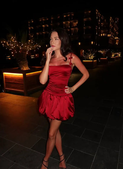Vintage Burgundy Satin Spaghetti Strap Short A-Line Party Dress Cocktail Dress Homecoming Dress DP6489