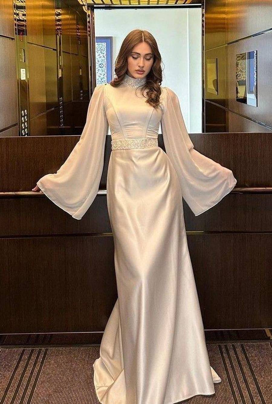 White High Neck Long Sleeves Formal Party Dress,DP1064