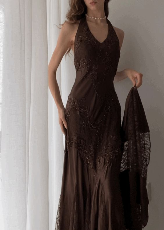 Vintage Halter Party Dress Brown Lace Evening Dress, DP2279