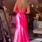 Hot Pink Satin Mermaid Long Prom Dress with Slit, DP2016