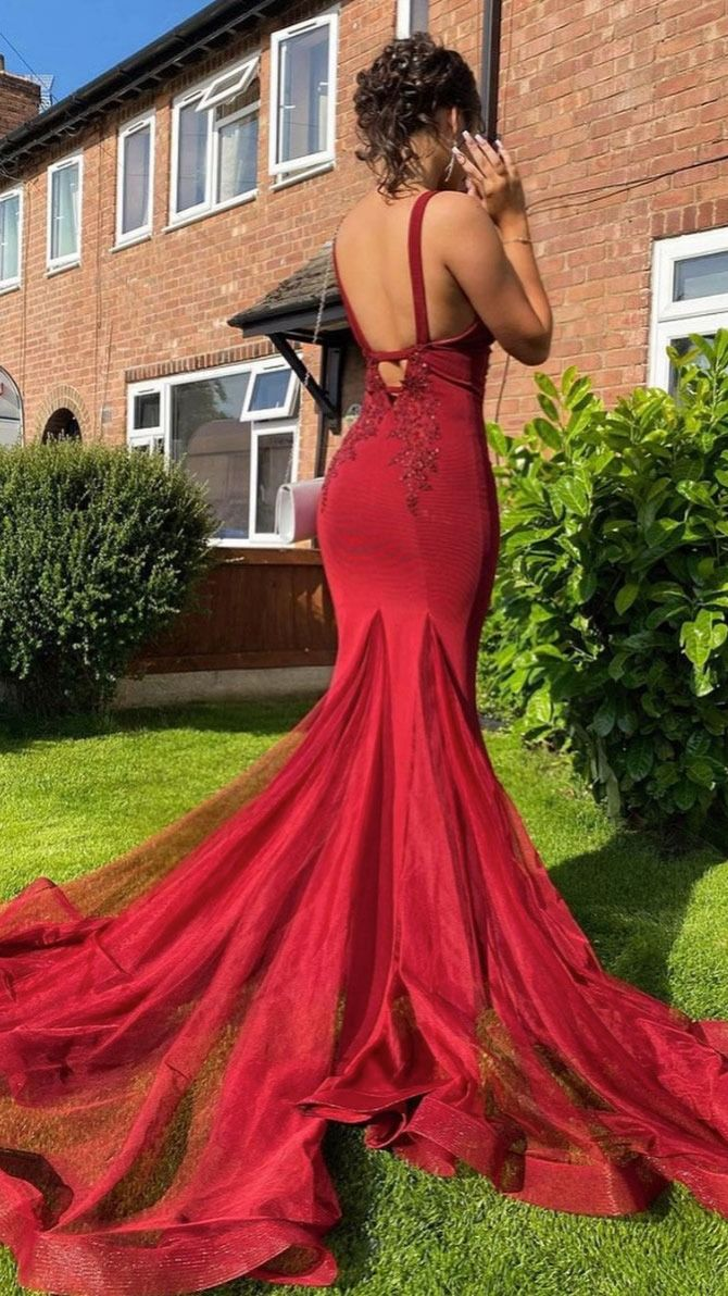 Burgundy Tulle Lace Mermaid Formal Long Prom Dress,DP0143