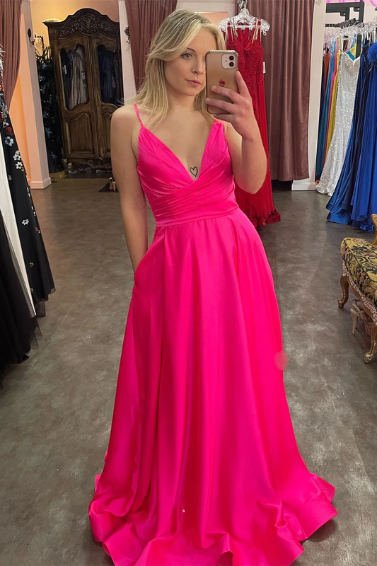 Fuchsia Plunging V Neck Straps A-line Satin Long Prom Dress with Slit,DP012