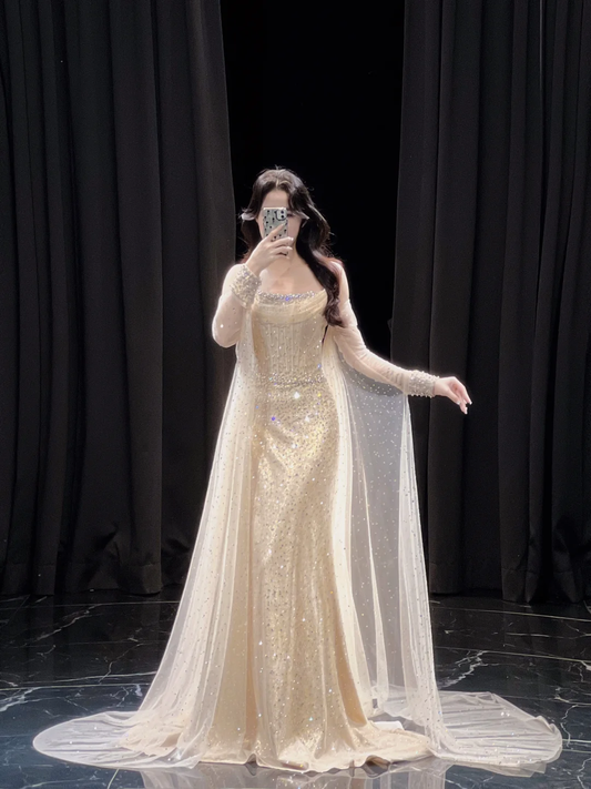 Light Champagne Off Shoulder Mermaid Beading Long Evening Party Dresses, DP5460