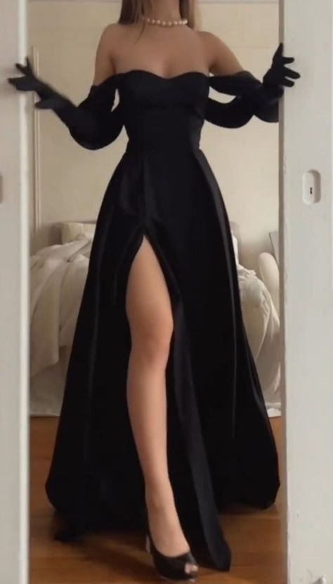 Elegant Black Off Shoulder A-Line Long Party Dress with Slit, DP2712