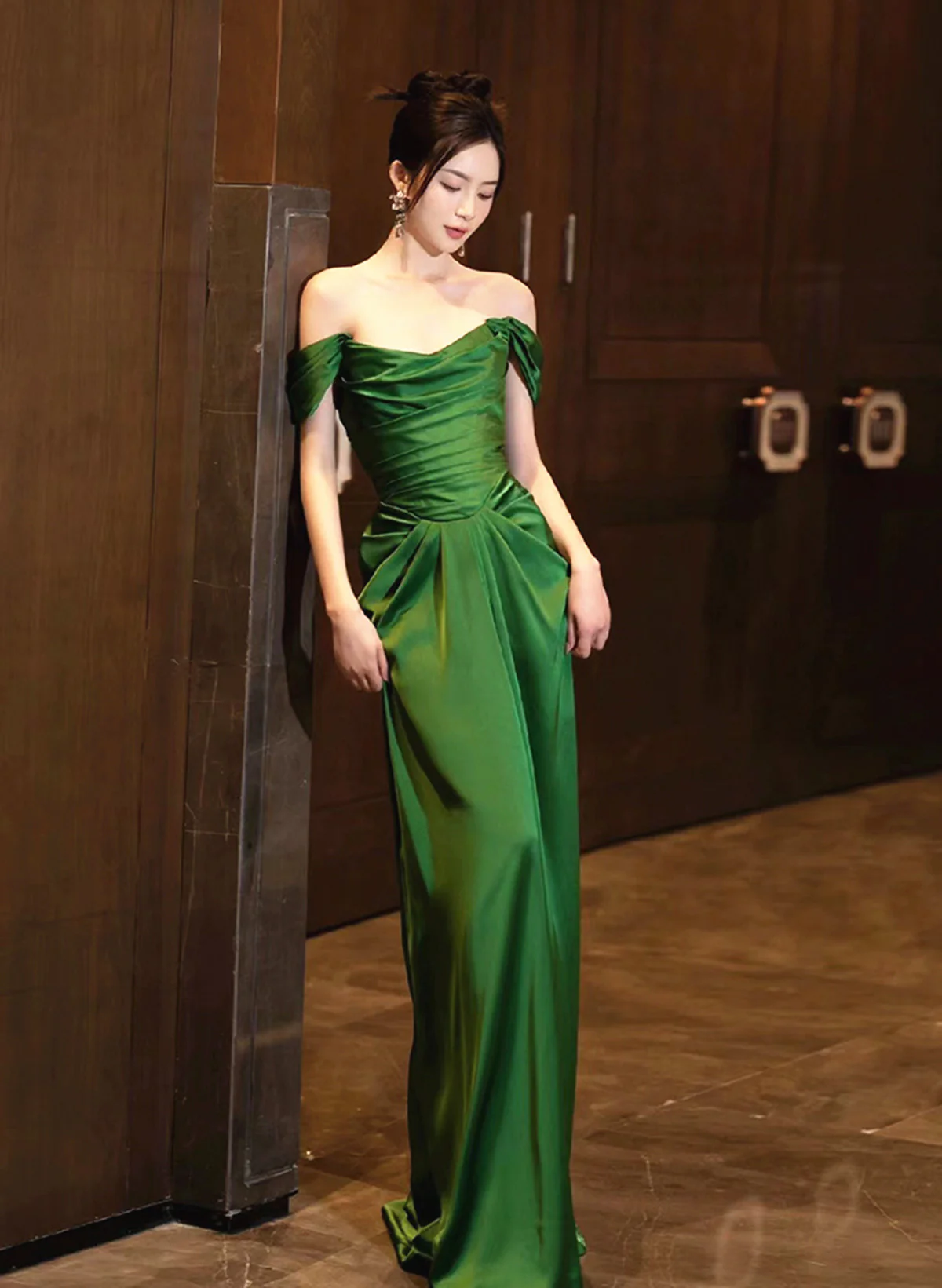 Green Off Shoulder Satin Long Prom Dress Evening Party Dress, DP2828