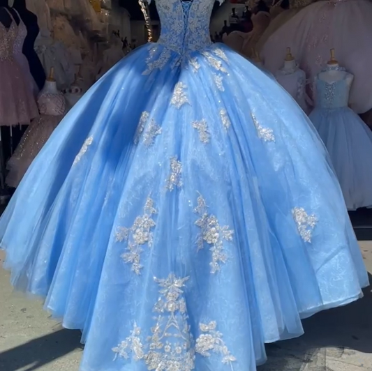 Blue Off Shoulder Tulle Appliques Quinceanera Dress Sweet 16 Ball Gown, DP2678