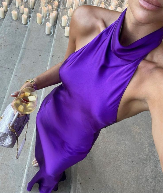 Purple Halter Open Back Simple Satin Party Dress Wedding Guest Dress DP3860