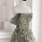 Dusty Green Off Shoulder A-Line Tulle Appliques Long Formal Party Dress, DP3612