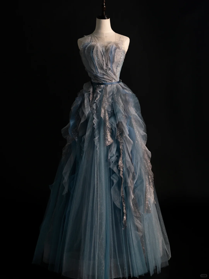 Robe de soirée longue en tulle bleu sans manches, coupe trapèze, nouvelle collection, DP5215