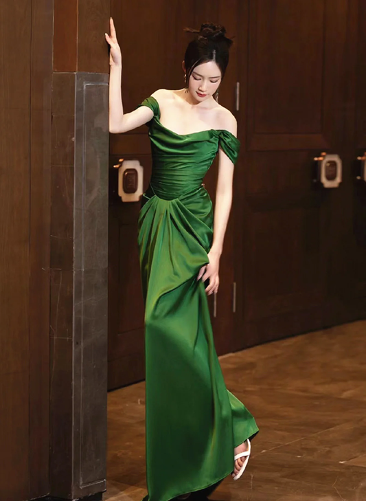 Green Off Shoulder Satin Long Prom Dress Evening Party Dress, DP2828