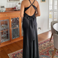 Black V Neck Backless Simple Satin Long Evening Party Dress, DP3019