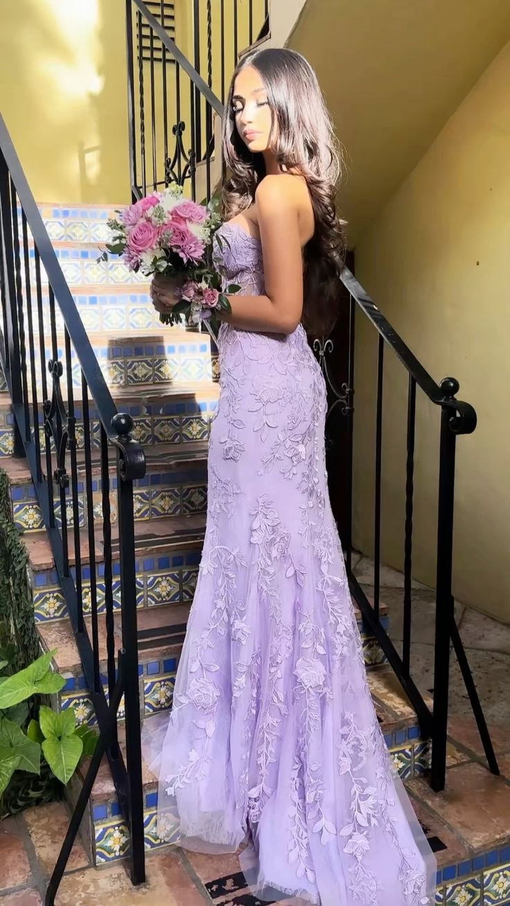 Lilac Sweetheart Mermaid Tull Appliques Long Prom Dress Evening Gown, DP3491