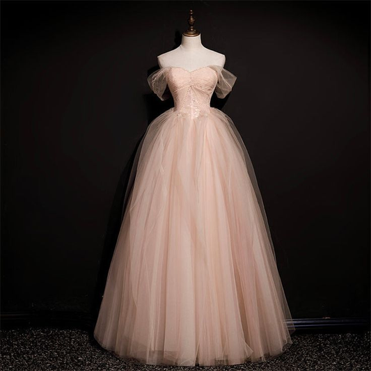 Pink Off Shoulder A-Line Tulle Long Prom Dress Graduation Dress, DP3656