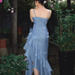 Sky Blue Straps Vintage Floral Asymmetrical Hem Long Prom Dress, DP3142