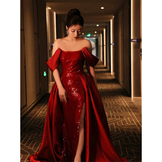 Elegant Red Off Shoulder Sheath Sequins Long Formal Party Dress, DP3722