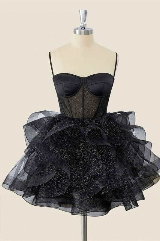 Black A-Line Straps Tulle Homecoming Dress Mini Party Dress, DP3031