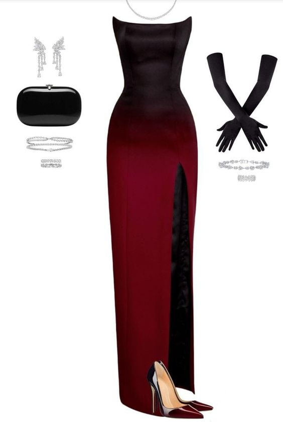 Black and Red Gradient Strapless Sheath Long Prom Dress with Slit, DP3470