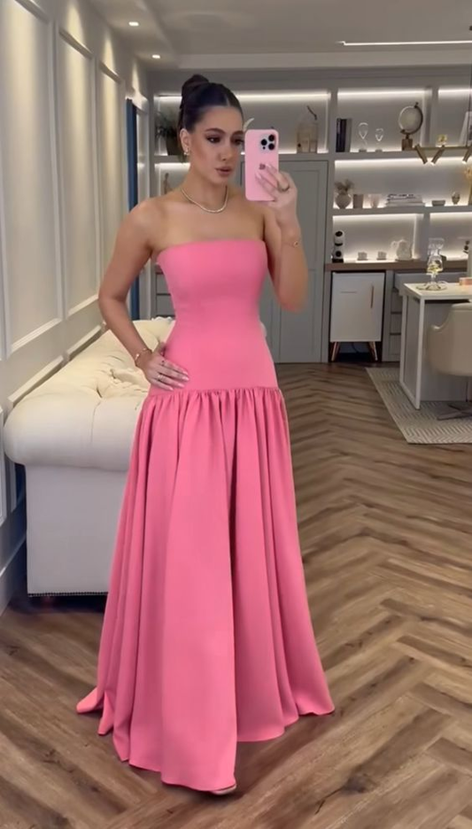 Lovely Pink A-Line Strapless Long Party Dress Wedding Guest Dress, DP3330