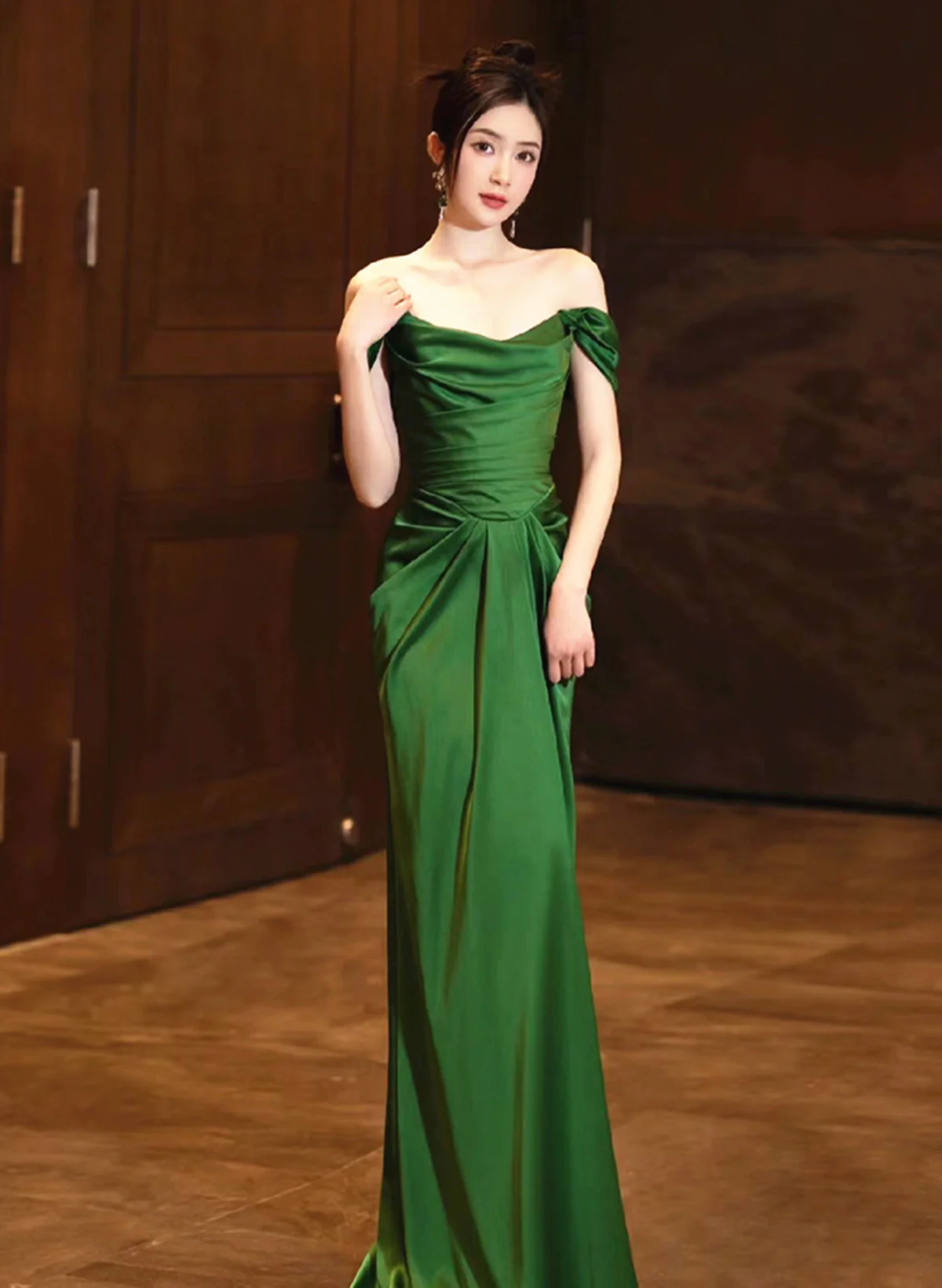 Green Off Shoulder Satin Long Prom Dress Evening Party Dress, DP2828