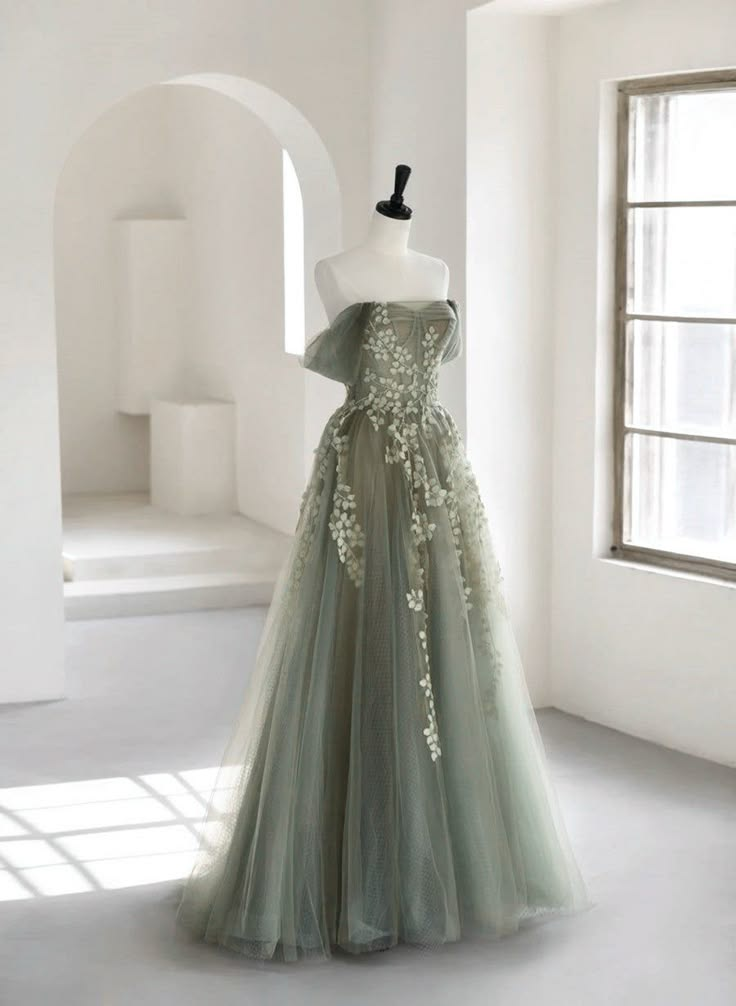 Dusty Green Off Shoulder A-Line Tulle Appliques Long Formal Party Dress, DP3612