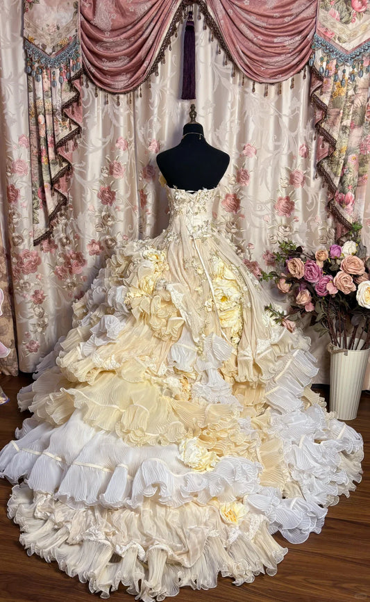Vintage Applique Ruffles Strapless Sweet 16 Quinceanera A-Line Evening Dress Ball Gown DP6282