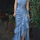 Sky Blue Straps Vintage Floral Asymmetrical Hem Long Prom Dress, DP3142