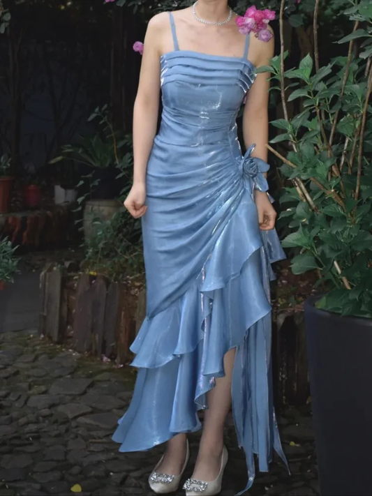 Sky Blue Straps Vintage Floral Asymmetrical Hem Long Prom Dress, DP3142