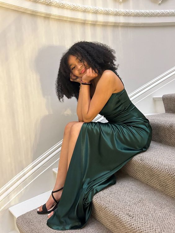 Dark Green Spaghetti Straps Formal Prom Dress with Slit, DP2543