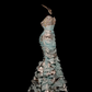 Robe de soirée longue style sirène bleue sans bretelles, à volants superposés et perles, style vintage, DP5410