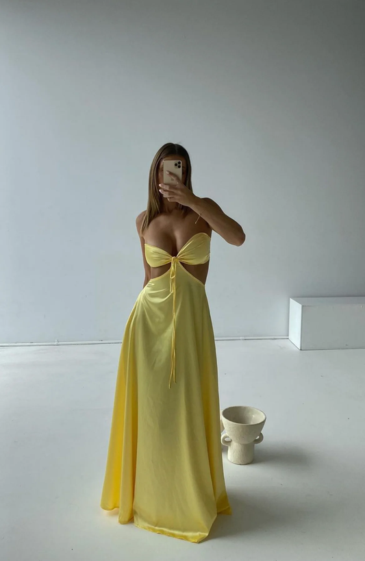 Yellow Strapless Cute Satin Simple A-Line Long Party Dress, DP2484