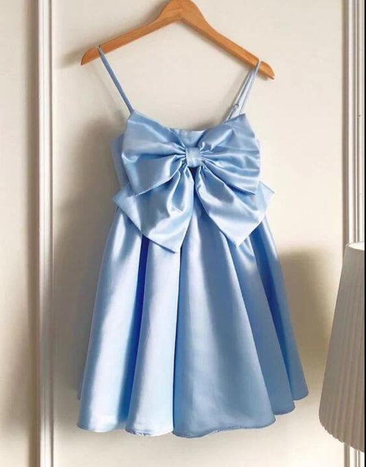 Light Blue Straps Bowknot Mini Homecoming Dress Birthday Outfits, DP3125