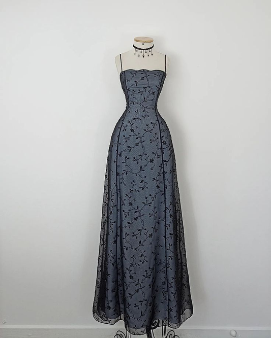 Vintage Blue Straps A-Line Chiffon Long Evening Party Dresses, DP5648