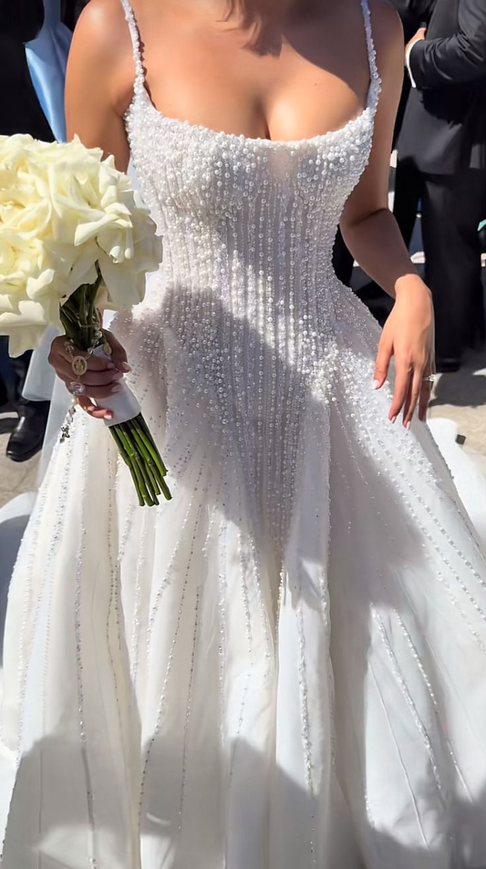 Elegant Spaghetti Straps A-Line Beading White Bridal Dress Wedding Dresses, DP5440