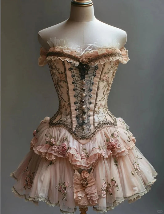 Retro Trägerloses Lolita-Prinzessinnenkleid mit 3D-Blumen-Design, A-Linie, Chiffon, Perlenbesetzt, Partykleid, Heimkehrkleid, DP6095