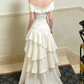 Vintage Ivory Satin Off-the-Shoulder Ruched Tiered Ruffle A-Line Prom Dress DP8566