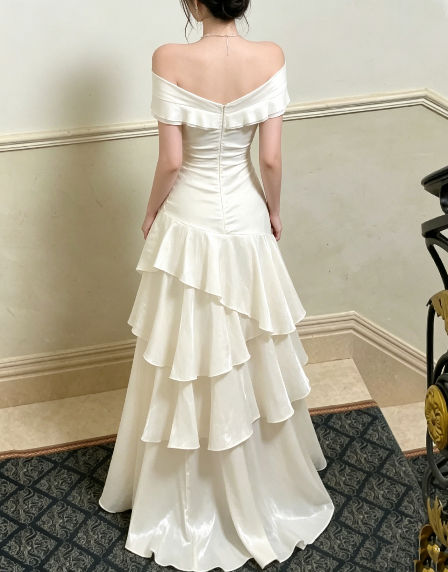Vintage Ivory Satin Off-the-Shoulder Ruched Tiered Ruffle A-Line Prom Dress DP8566