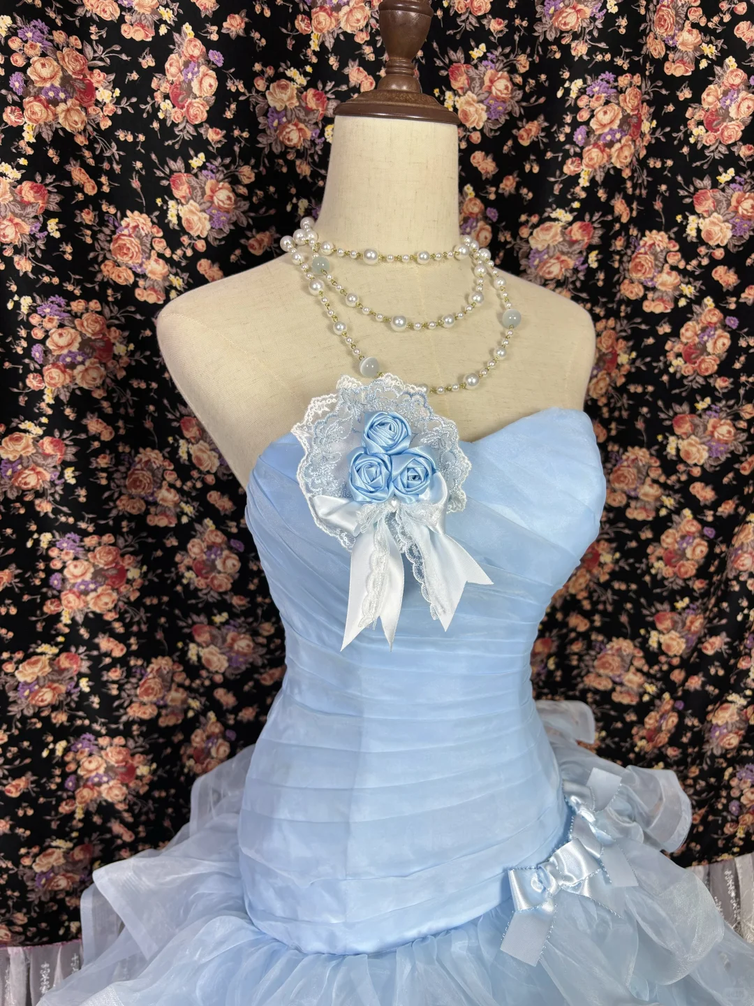 Vintage Light Blue Strapless Ruffled Tiered Floral A-Line Quinceañera Ball Gown DP7062