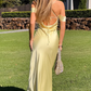 Elegant Pale Yellow Satin Off-the-Shoulder Spaghetti Strap Prom Dress DP8385