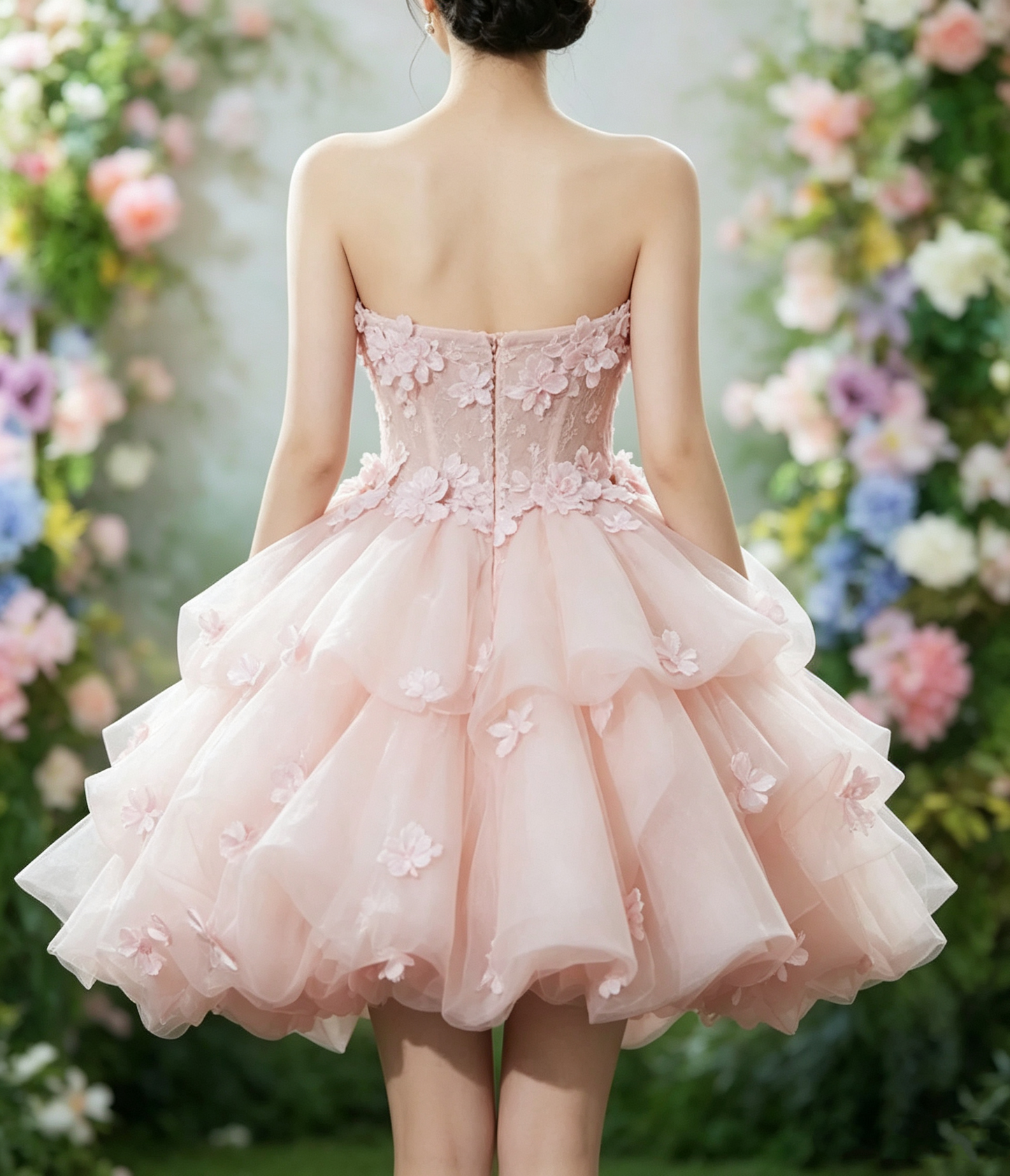 Romantic Pink Strapless 3D Floral Ruffled Tulle A-Line Homecoming Dress DP8797