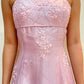 Vintage Rosa A-Linie Stickerei Ballkleid Langes Chiffon Abendkleid Spaghettiträger Formales Kleid, DP6591