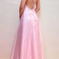 Vintage Rosa A-Linie Stickerei Ballkleid Langes Chiffon Abendkleid Spaghettiträger Formales Kleid, DP6591