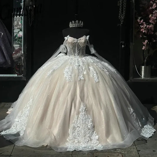 Elegantes Elfenbein-Applikationskleid für die Quinceanera mit Tüll in A-Linie, Ballkleid, Geburtstagskleid, Abendkleid, Ballkleid DP6516