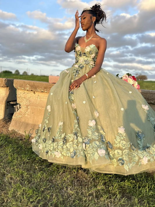 Retro Grün Sweetheart Applique Sweet 16 Quinceanera A-Linie Tüll Bodenlang Ballkleid Geburtstagskleid Abendkleid Ballkleid DP6455