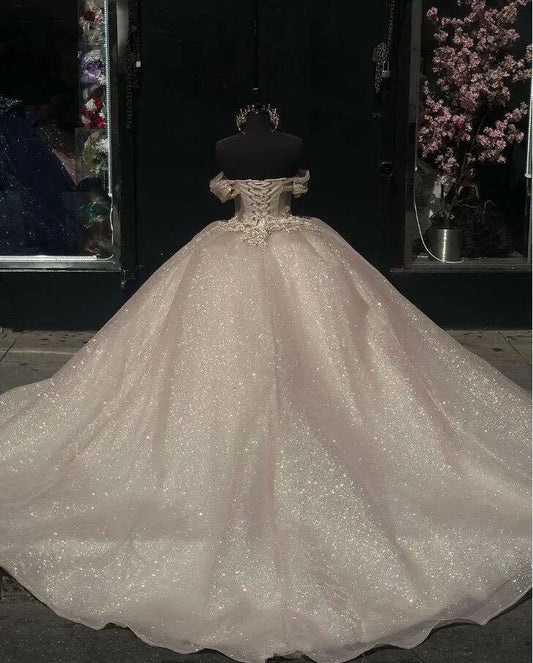 Elegantes, glänzendes Champagner-Off-Shoulder-Tüll-A-Linie-Ballkleid für Sweet 16 Quinceanera-Abendkleider Geburtstagskleid Abendkleid Ballkleid DP6517