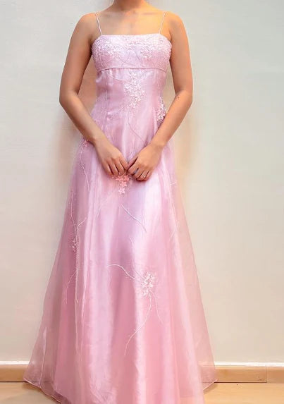 Vintage Rosa A-Linie Stickerei Ballkleid Langes Chiffon Abendkleid Spaghettiträger Formales Kleid, DP6591