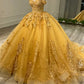 Wunderschönes gelbes Sweetheart-Applikation-Schulterfreies Perlen-A-Linie Tüll Bodenlanges Ballkleid Geburtstagskleid Abendkleid Ballkleid DP6498